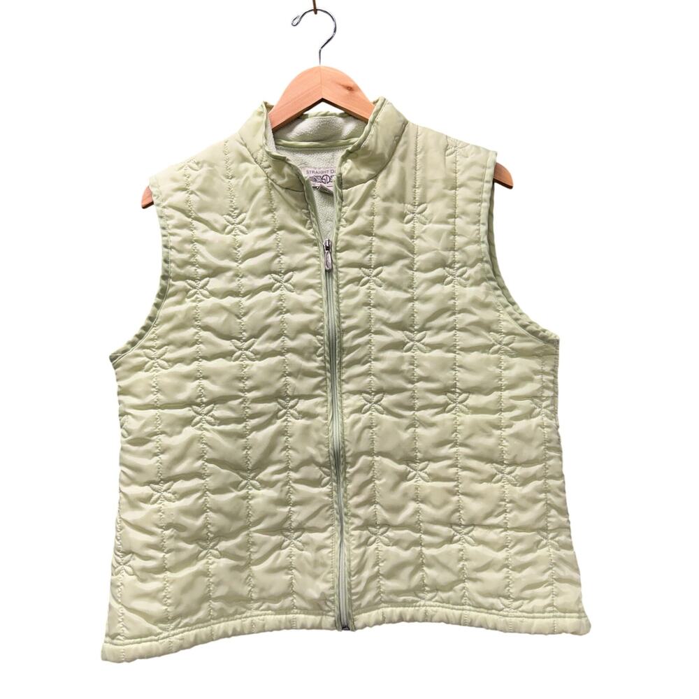 Straight Down Vest Womens Large Green Floral Quilted Fleece Lined Golf Jacket